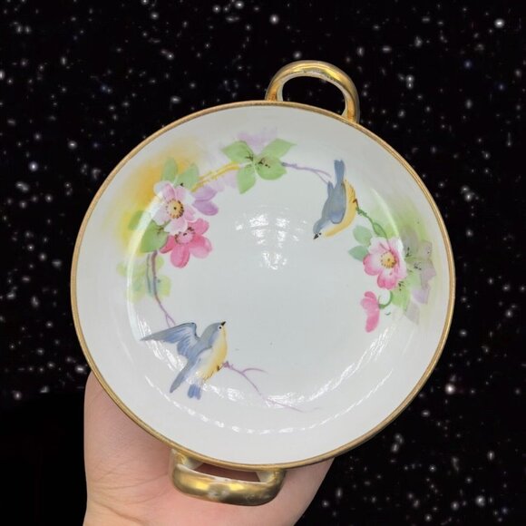 Hand Painted Nippon Fine Porcelain Dish Bowl Flower Bird Two Handled Vintage - Picture 14 of 14
